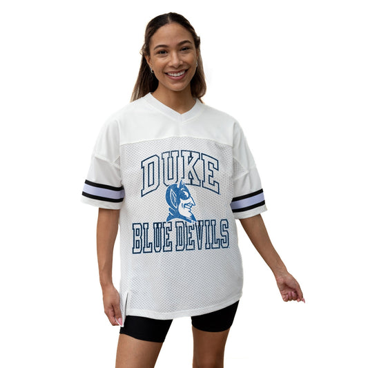 DUKE BLUE DEVILS A STEP AHEAD ICONIC OVERSIZED MESH SHORT SLEEVE V - NECK FASHION JERSEY TOP WITH SIDE SLITS - The Club