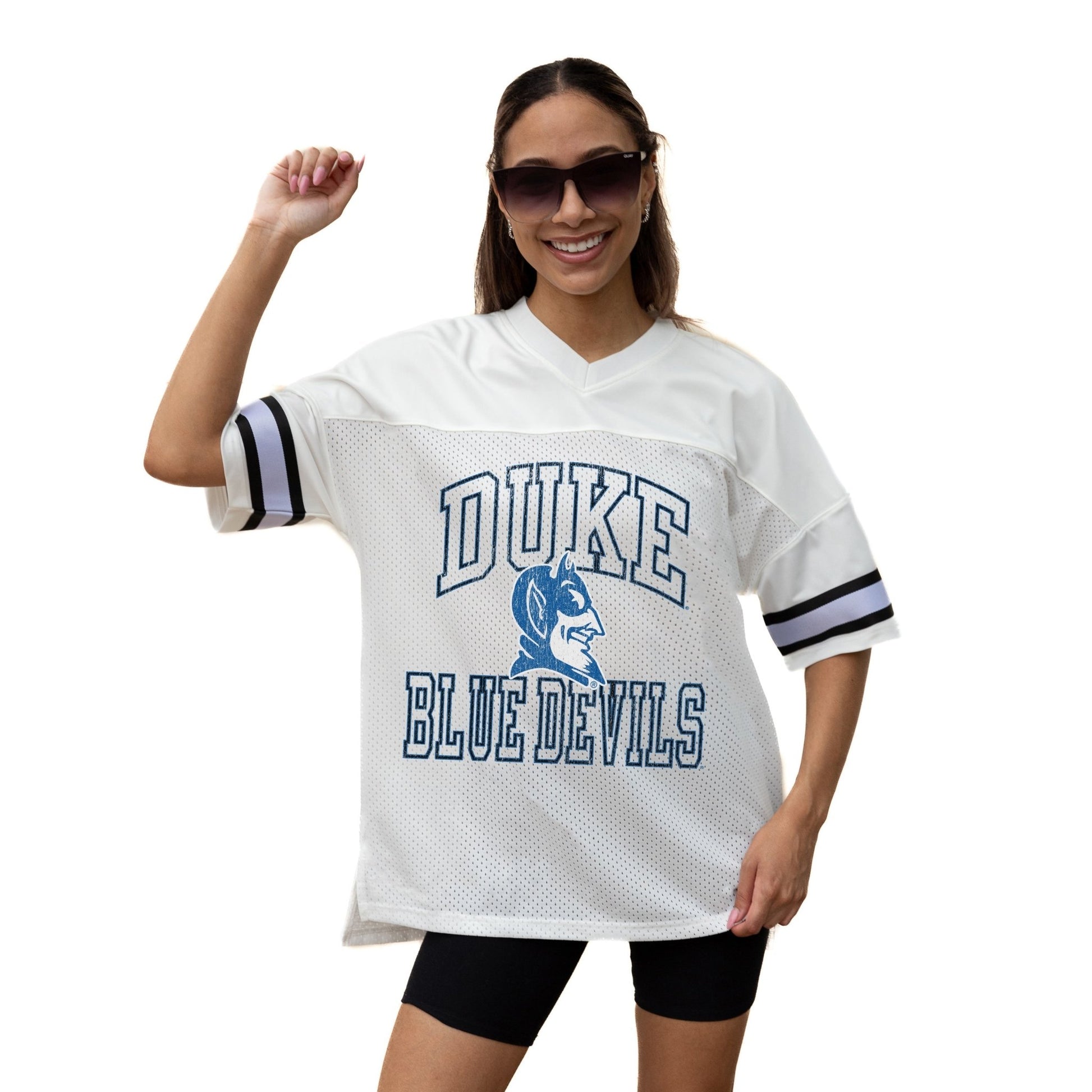 DUKE BLUE DEVILS A STEP AHEAD ICONIC OVERSIZED MESH SHORT SLEEVE V - NECK FASHION JERSEY TOP WITH SIDE SLITS - The Club