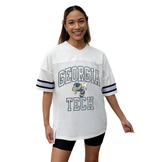 GEORGIA TECH YELLOW JACKETS A STEP AHEAD ICONIC OVERSIZED MESH SHORT SLEEVE V - NECK FASHION JERSEY TOP WITH SIDE SLITS - The Club