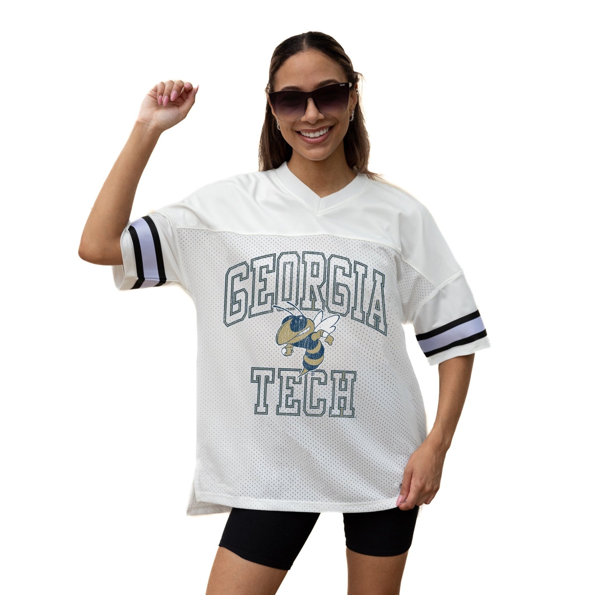 GEORGIA TECH YELLOW JACKETS A STEP AHEAD ICONIC OVERSIZED MESH SHORT SLEEVE V - NECK FASHION JERSEY TOP WITH SIDE SLITS - The Club
