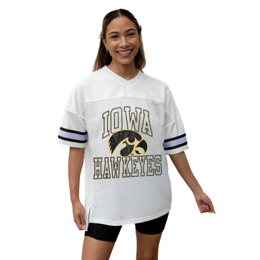 IOWA HAWKEYES A STEP AHEAD ICONIC OVERSIZED MESH SHORT SLEEVE V - NECK FASHION JERSEY TOP WITH SIDE SLITS - The Club