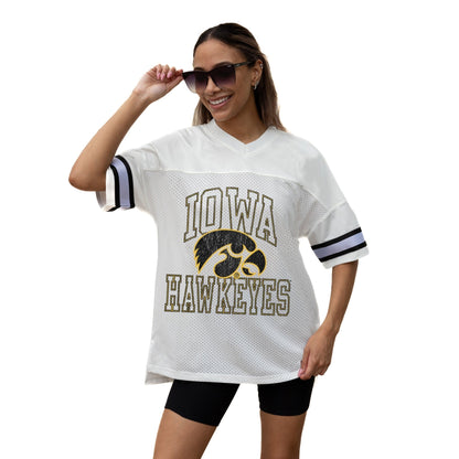 IOWA HAWKEYES A STEP AHEAD ICONIC OVERSIZED MESH SHORT SLEEVE V - NECK FASHION JERSEY TOP WITH SIDE SLITS - The Club