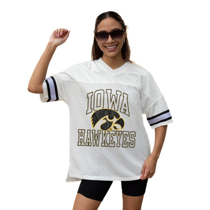 IOWA HAWKEYES A STEP AHEAD ICONIC OVERSIZED MESH SHORT SLEEVE V - NECK FASHION JERSEY TOP WITH SIDE SLITS - The Club