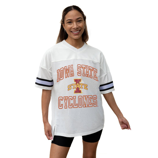 IOWA STATE CYCLONES A STEP AHEAD ICONIC OVERSIZED MESH SHORT SLEEVE V - NECK FASHION JERSEY TOP WITH SIDE SLITS - The Club