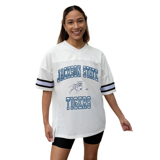 JACKSON STATE TIGERS A STEP AHEAD ICONIC OVERSIZED MESH SHORT SLEEVE V - NECK FASHION JERSEY TOP WITH SIDE SLITS - The Club