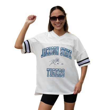 JACKSON STATE TIGERS A STEP AHEAD ICONIC OVERSIZED MESH SHORT SLEEVE V - NECK FASHION JERSEY TOP WITH SIDE SLITS - The Club