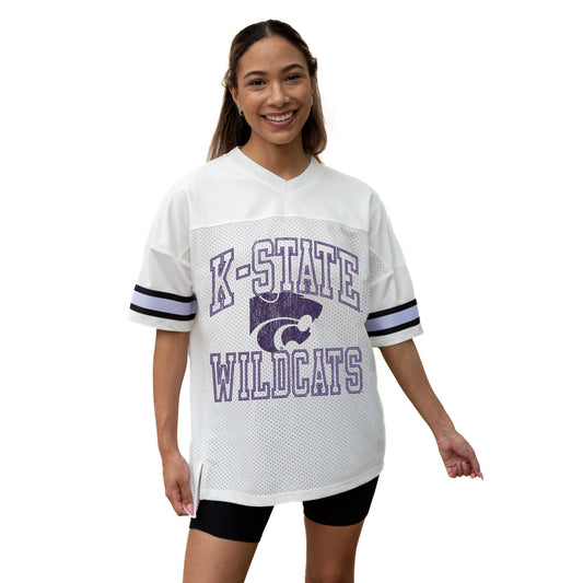KANSAS STATE WILDCATS A STEP AHEAD ICONIC OVERSIZED MESH SHORT SLEEVE V - NECK FASHION JERSEY TOP WITH SIDE SLITS - The Club