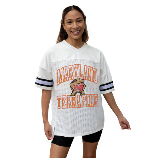 MARYLAND TERRAPINS A STEP AHEAD ICONIC OVERSIZED MESH SHORT SLEEVE V - NECK FASHION JERSEY TOP WITH SIDE SLITS - The Club