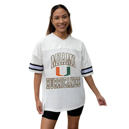 MIAMI HURRICANES A STEP AHEAD ICONIC OVERSIZED MESH SHORT SLEEVE V - NECK FASHION JERSEY TOP WITH SIDE SLITS - The Club