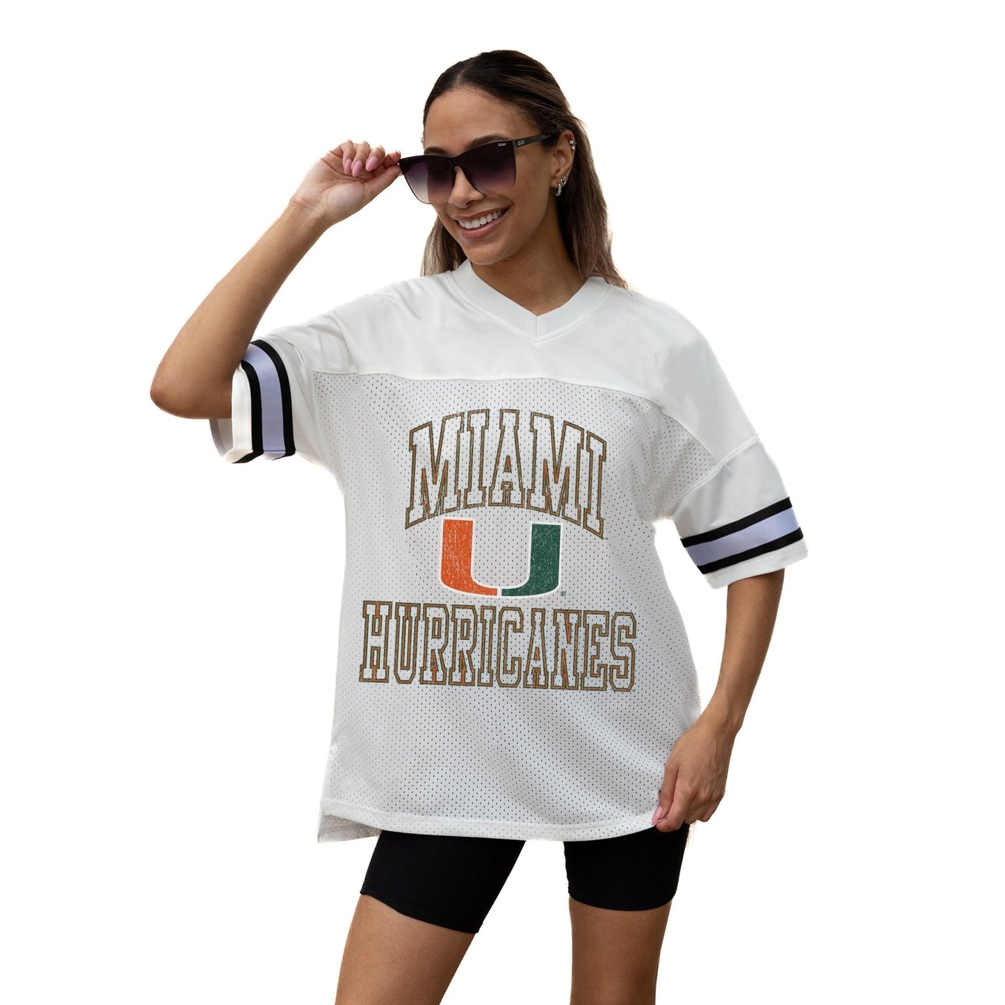 MIAMI HURRICANES A STEP AHEAD ICONIC OVERSIZED MESH SHORT SLEEVE V - NECK FASHION JERSEY TOP WITH SIDE SLITS - The Club
