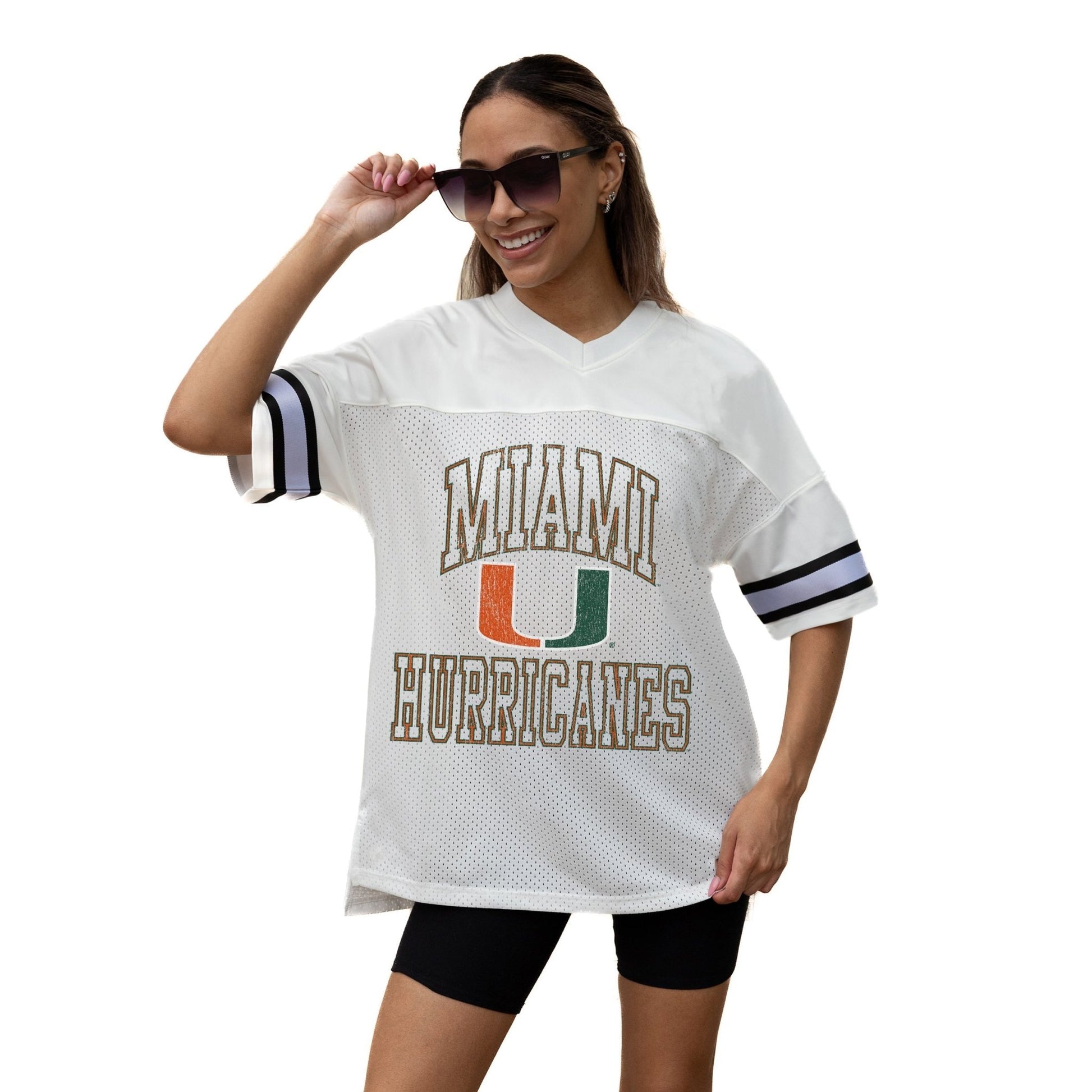 MIAMI HURRICANES A STEP AHEAD ICONIC OVERSIZED MESH SHORT SLEEVE V - NECK FASHION JERSEY TOP WITH SIDE SLITS - The Club