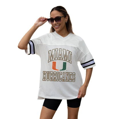 MIAMI HURRICANES A STEP AHEAD ICONIC OVERSIZED MESH SHORT SLEEVE V - NECK FASHION JERSEY TOP WITH SIDE SLITS - The Club