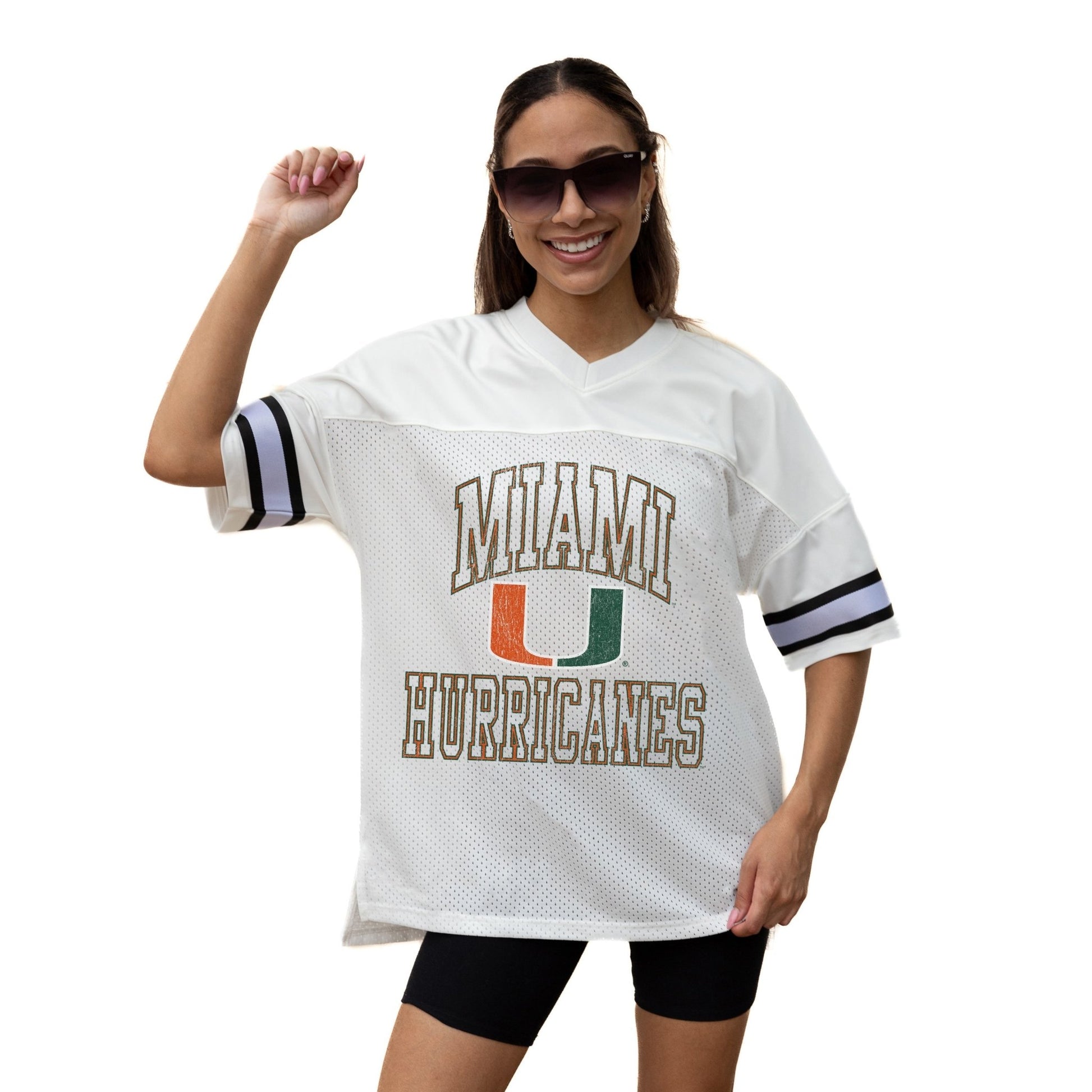 MIAMI HURRICANES A STEP AHEAD ICONIC OVERSIZED MESH SHORT SLEEVE V - NECK FASHION JERSEY TOP WITH SIDE SLITS - The Club