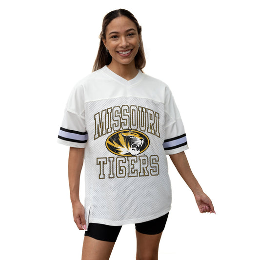 MISSOURI TIGERS A STEP AHEAD ICONIC OVERSIZED MESH SHORT SLEEVE V - NECK FASHION JERSEY TOP WITH SIDE SLITS - The Club