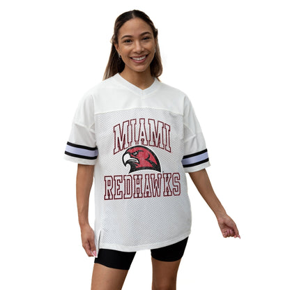 MIAMI OF OHIO REDHAWKS A STEP AHEAD ICONIC OVERSIZED MESH SHORT SLEEVE V - NECK FASHION JERSEY TOP WITH SIDE SLITS - The Club