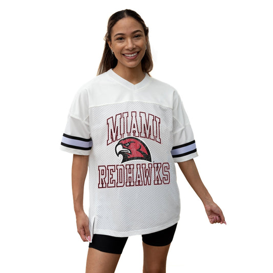 MIAMI OF OHIO REDHAWKS A STEP AHEAD ICONIC OVERSIZED MESH SHORT SLEEVE V - NECK FASHION JERSEY TOP WITH SIDE SLITS - The Club
