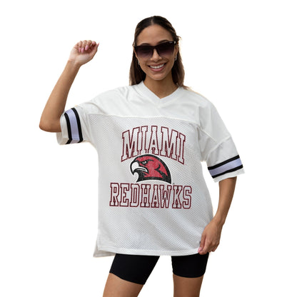 MIAMI OF OHIO REDHAWKS A STEP AHEAD ICONIC OVERSIZED MESH SHORT SLEEVE V - NECK FASHION JERSEY TOP WITH SIDE SLITS - The Club