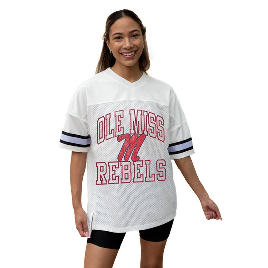 OLE MISS REBELS A STEP AHEAD ICONIC OVERSIZED MESH SHORT SLEEVE V - NECK FASHION JERSEY TOP WITH SIDE SLITS - The Club