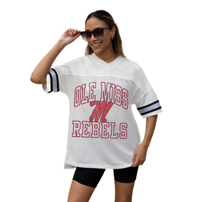 OLE MISS REBELS A STEP AHEAD ICONIC OVERSIZED MESH SHORT SLEEVE V - NECK FASHION JERSEY TOP WITH SIDE SLITS - The Club