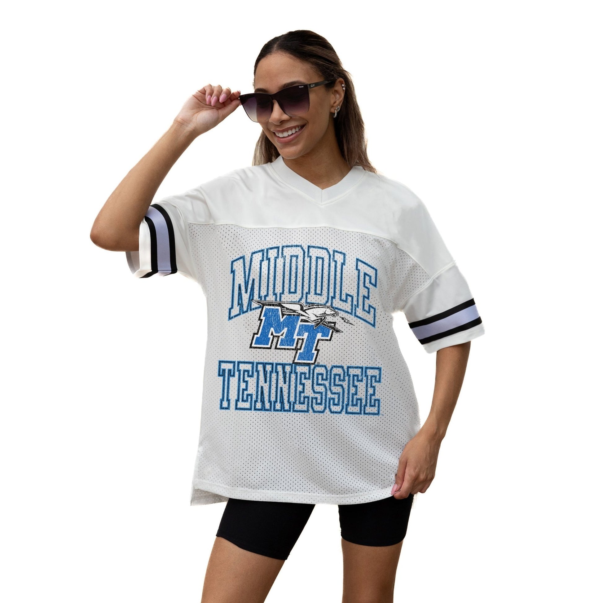 MIDDLE TENNESSEE STATE BLUE RAIDERS A STEP AHEAD ICONIC OVERSIZED MESH SHORT SLEEVE V - NECK FASHION JERSEY TOP WITH SIDE SLITS - The Club