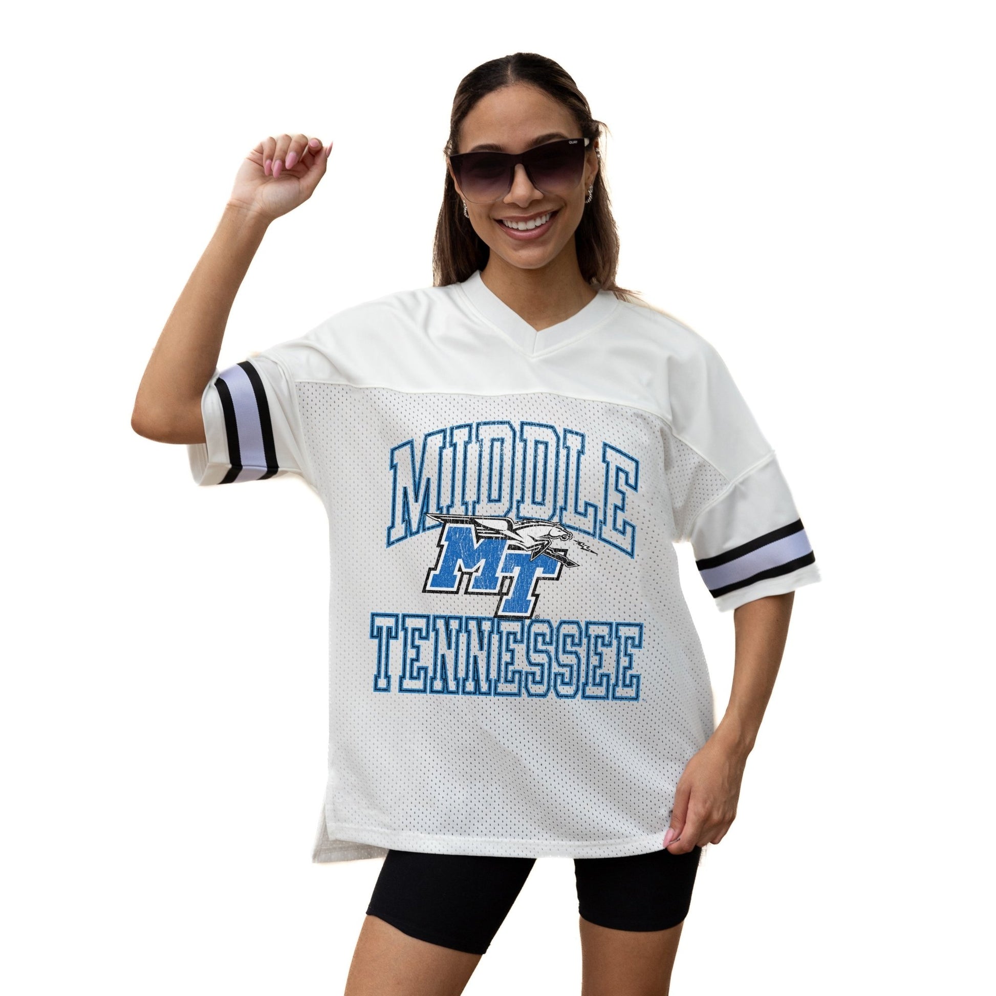 MIDDLE TENNESSEE STATE BLUE RAIDERS A STEP AHEAD ICONIC OVERSIZED MESH SHORT SLEEVE V - NECK FASHION JERSEY TOP WITH SIDE SLITS - The Club