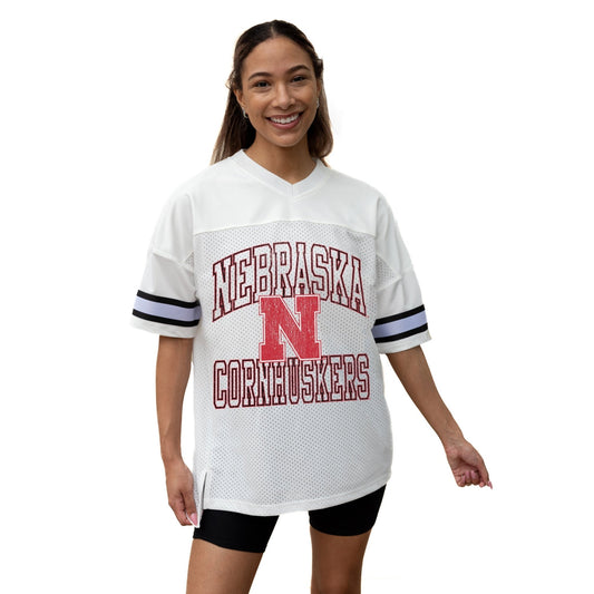 NEBRASKA CORNHUSKERS A STEP AHEAD ICONIC OVERSIZED MESH SHORT SLEEVE V - NECK FASHION JERSEY TOP WITH SIDE SLITS - The Club