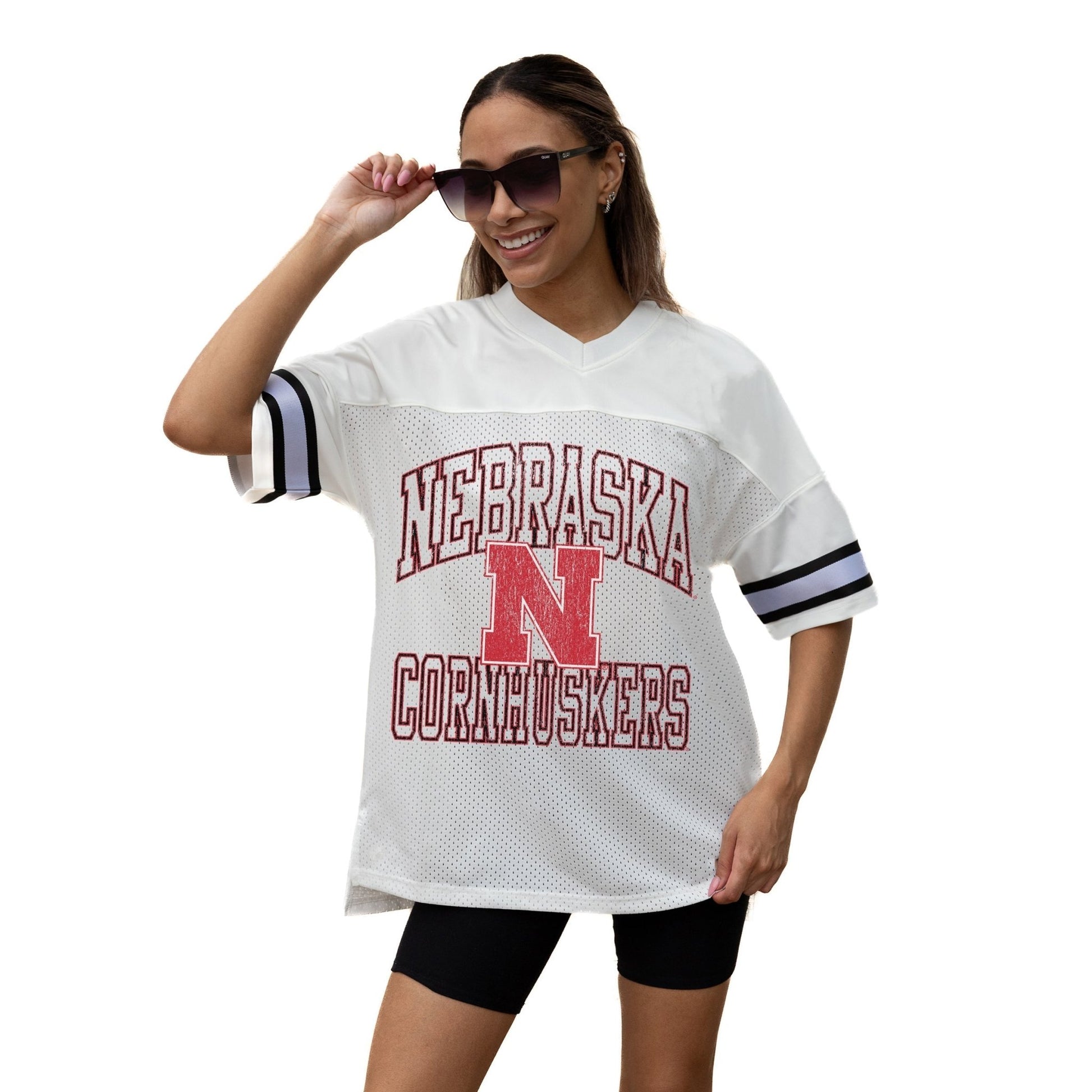 NEBRASKA CORNHUSKERS A STEP AHEAD ICONIC OVERSIZED MESH SHORT SLEEVE V - NECK FASHION JERSEY TOP WITH SIDE SLITS - The Club
