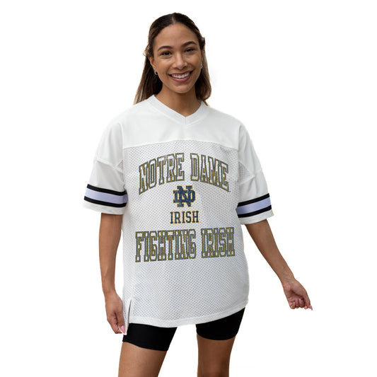 NOTRE DAME FIGHTING IRISH A STEP AHEAD ICONIC OVERSIZED MESH SHORT SLEEVE V - NECK FASHION JERSEY TOP WITH SIDE SLITS - The Club