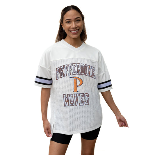 PEPPERDINE WAVES A STEP AHEAD ICONIC OVERSIZED MESH SHORT SLEEVE V - NECK FASHION JERSEY TOP WITH SIDE SLITS - The Club