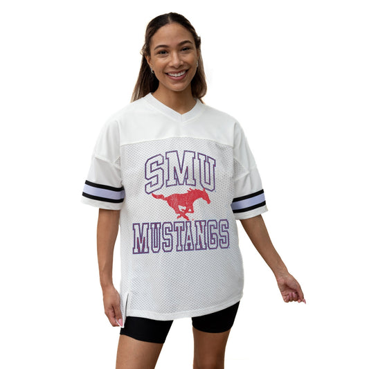 SMU MUSTANGS A STEP AHEAD ICONIC OVERSIZED MESH SHORT SLEEVE V - NECK FASHION JERSEY TOP WITH SIDE SLITS - The Club
