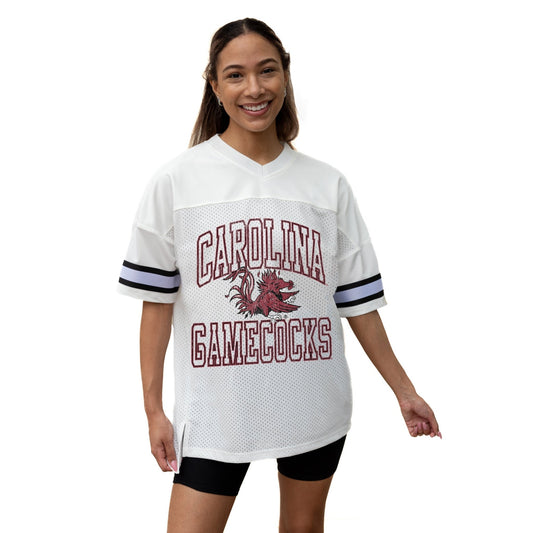 SOUTH CAROLINA GAMECOCKS A STEP AHEAD ICONIC OVERSIZED MESH SHORT SLEEVE V - NECK FASHION JERSEY TOP WITH SIDE SLITS - The Club