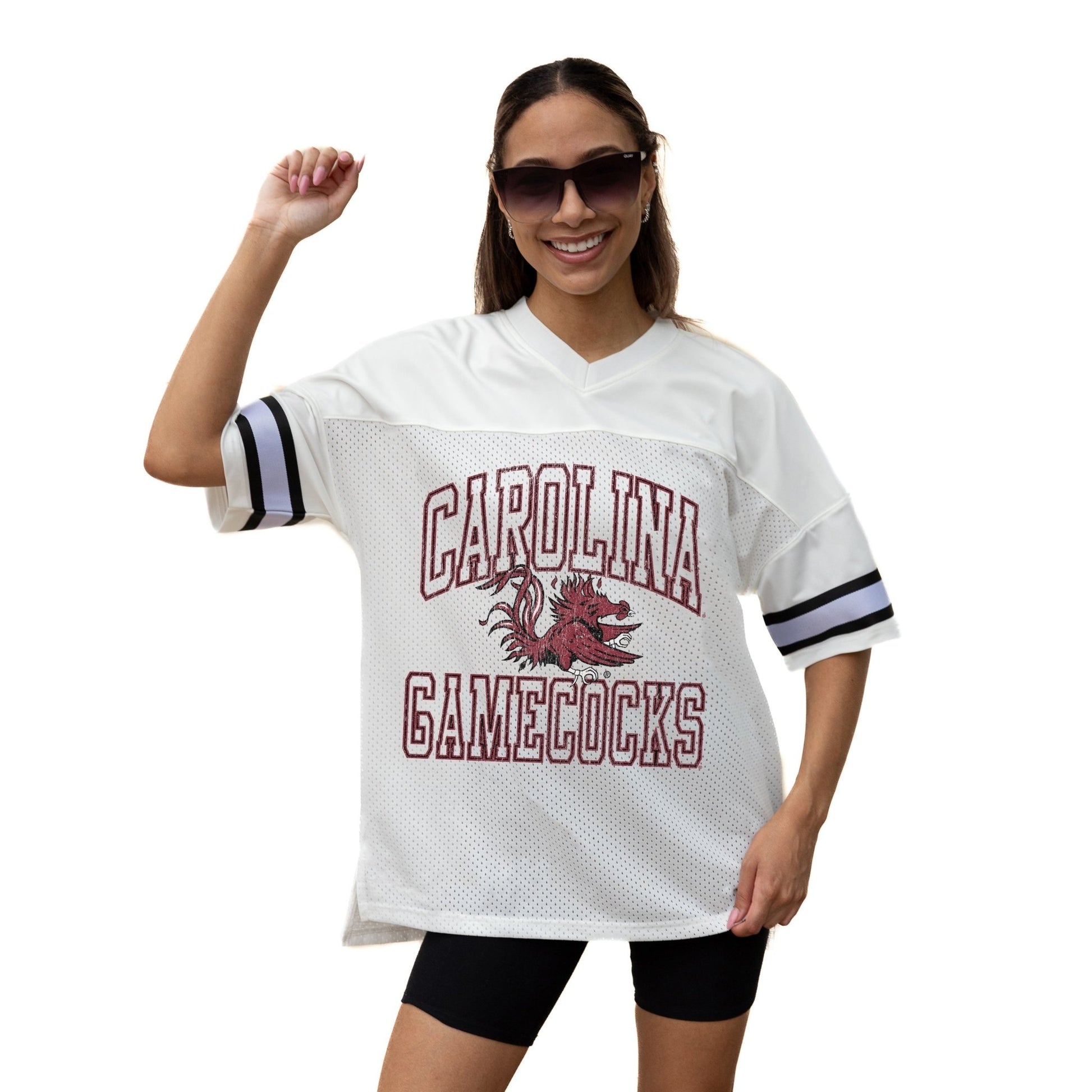 SOUTH CAROLINA GAMECOCKS A STEP AHEAD ICONIC OVERSIZED MESH SHORT SLEEVE V - NECK FASHION JERSEY TOP WITH SIDE SLITS - The Club