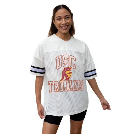 USC TROJANS A STEP AHEAD ICONIC OVERSIZED MESH SHORT SLEEVE V - NECK FASHION JERSEY TOP WITH SIDE SLITS - The Club