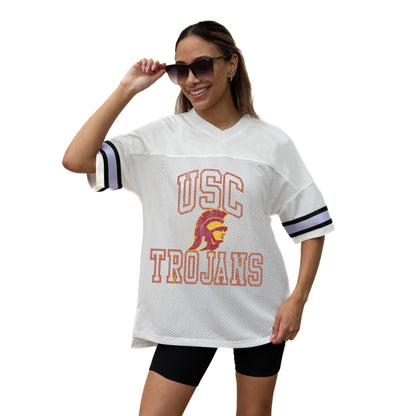 USC TROJANS A STEP AHEAD ICONIC OVERSIZED MESH SHORT SLEEVE V - NECK FASHION JERSEY TOP WITH SIDE SLITS - The Club