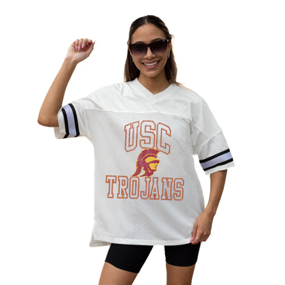 USC TROJANS A STEP AHEAD ICONIC OVERSIZED MESH SHORT SLEEVE V - NECK FASHION JERSEY TOP WITH SIDE SLITS - The Club