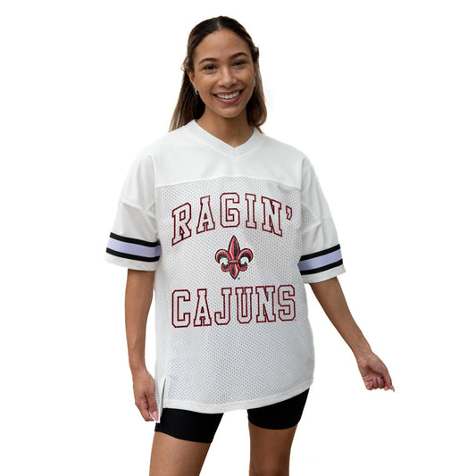 LOUISIANA RAGIN' CAJUNS A STEP AHEAD ICONIC OVERSIZED MESH SHORT SLEEVE V - NECK FASHION JERSEY TOP WITH SIDE SLITS - The Club