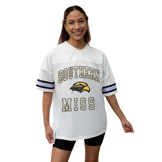 SOUTHERN MISS GOLDEN EAGLES A STEP AHEAD ICONIC OVERSIZED MESH SHORT SLEEVE V - NECK FASHION JERSEY TOP WITH SIDE SLITS - The Club
