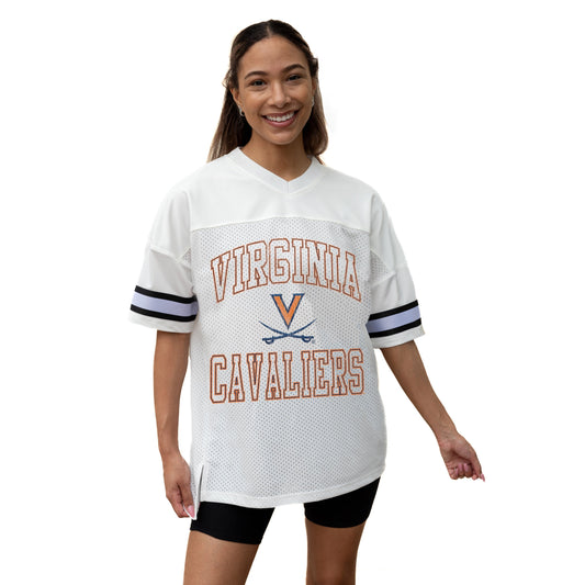 VIRGINIA CAVALIERS A STEP AHEAD ICONIC OVERSIZED MESH SHORT SLEEVE V-NECK FASHION JERSEY TOP WITH SIDE SLITS