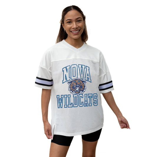 VILLANOVA WILDCATS A STEP AHEAD ICONIC OVERSIZED MESH SHORT SLEEVE V - NECK FASHION JERSEY TOP WITH SIDE SLITS - The Club