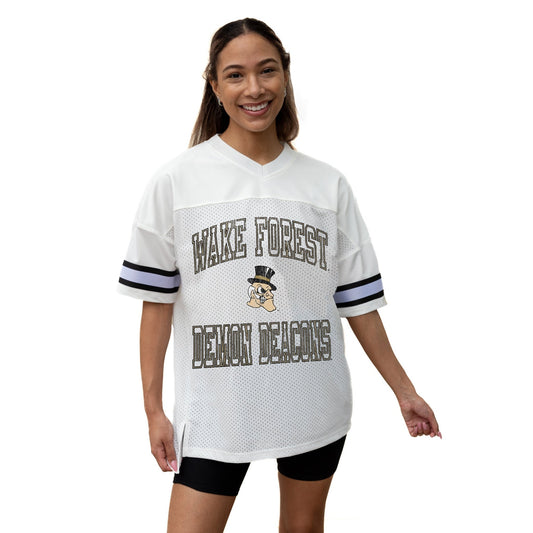 WAKE FOREST DEMON DEACONS A STEP AHEAD ICONIC OVERSIZED MESH SHORT SLEEVE V - NECK FASHION JERSEY TOP WITH SIDE SLITS - The Club