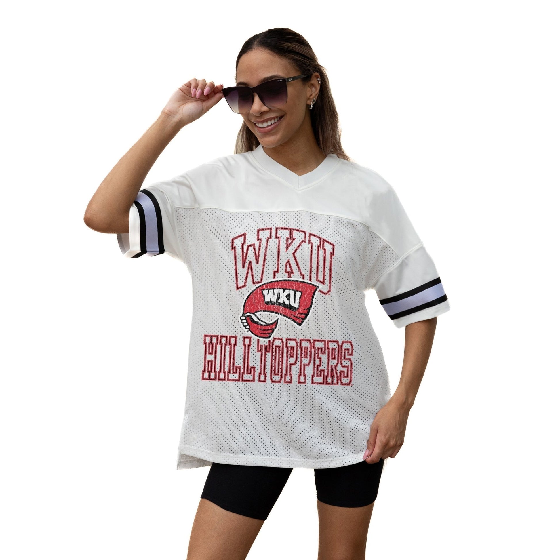 WESTERN KENTUCKY HILLTOPPERS A STEP AHEAD ICONIC OVERSIZED MESH SHORT SLEEVE V - NECK FASHION JERSEY TOP WITH SIDE SLITS - The Club