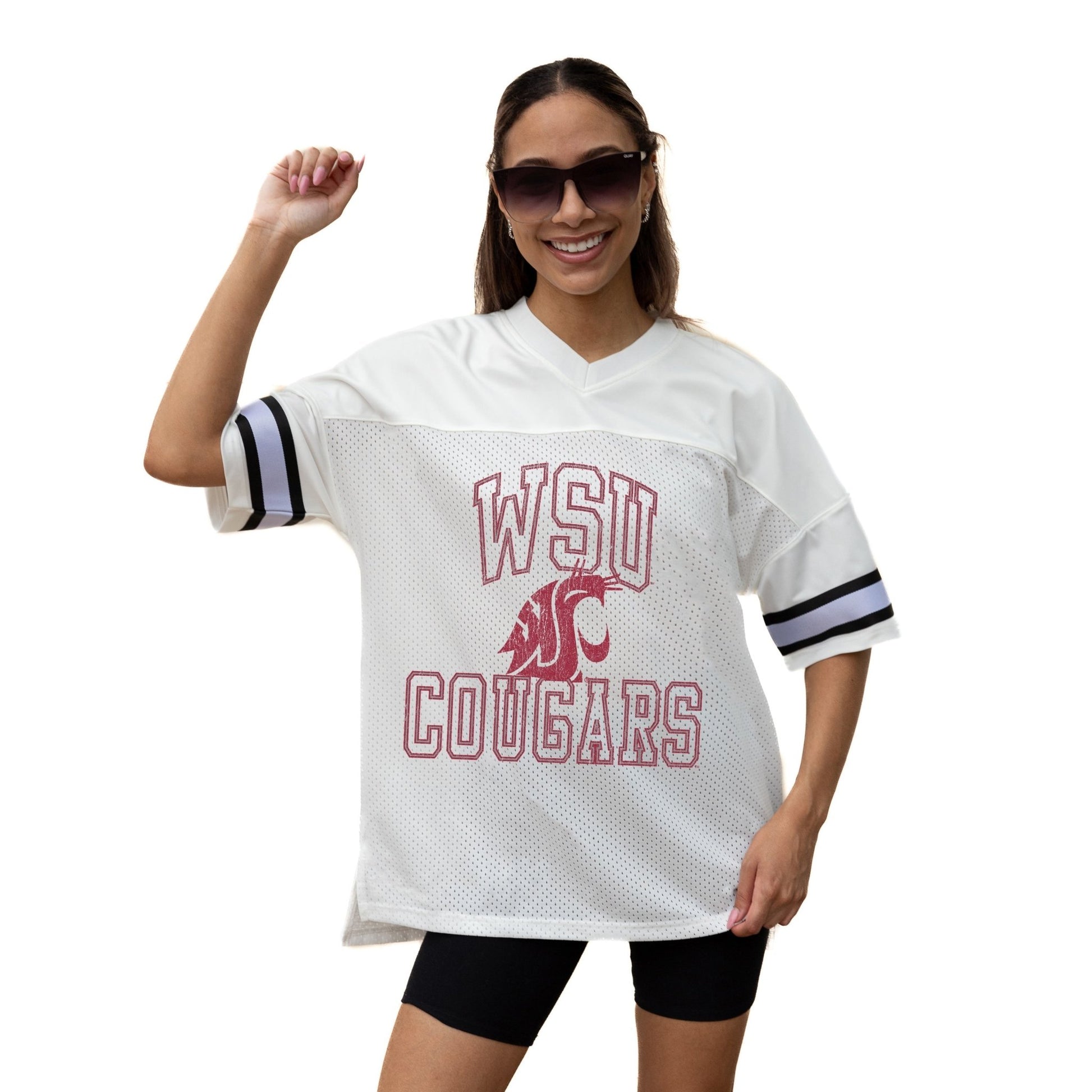 WASHINGTON STATE COUGARS A STEP AHEAD ICONIC OVERSIZED MESH SHORT SLEEVE V - NECK FASHION JERSEY TOP WITH SIDE SLITS - The Club
