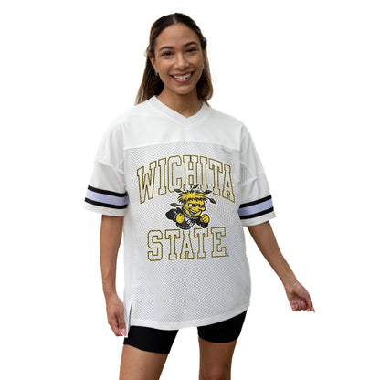 WICHITA STATE SHOCKERS A STEP AHEAD ICONIC OVERSIZED MESH SHORT SLEEVE V - NECK FASHION JERSEY TOP WITH SIDE SLITS - The Club