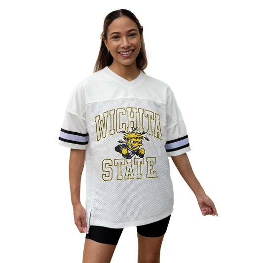 WICHITA STATE SHOCKERS A STEP AHEAD ICONIC OVERSIZED MESH SHORT SLEEVE V - NECK FASHION JERSEY TOP WITH SIDE SLITS - The Club