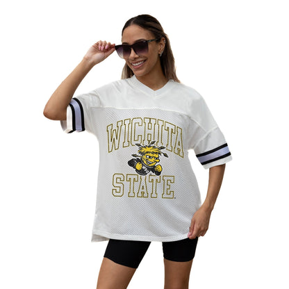 WICHITA STATE SHOCKERS A STEP AHEAD ICONIC OVERSIZED MESH SHORT SLEEVE V - NECK FASHION JERSEY TOP WITH SIDE SLITS - The Club