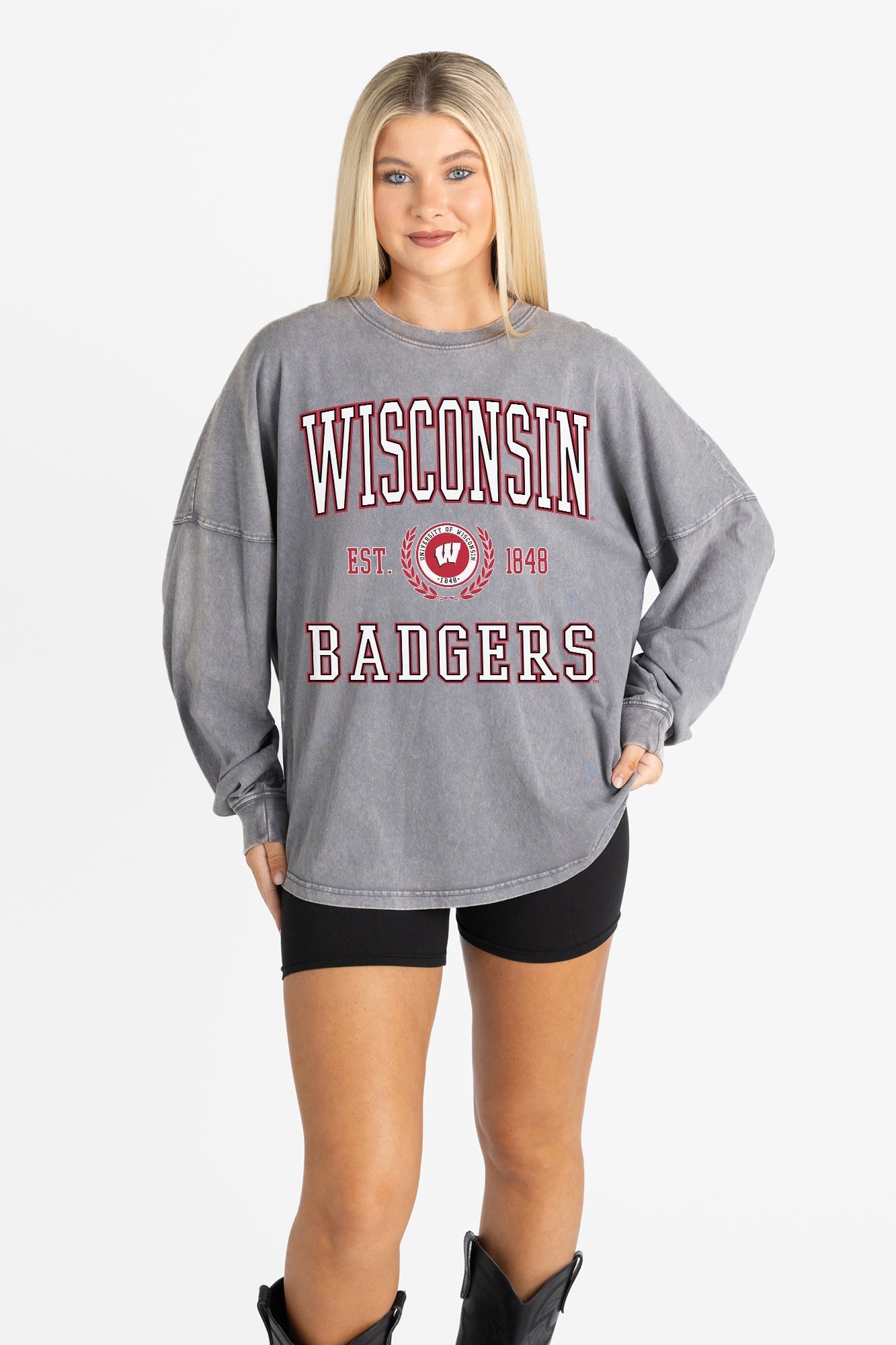 WISCONSIN BADGERS FINAL SCORE FADED WASH PULLOVER