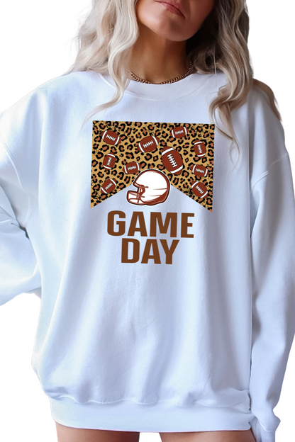 Game Day Leopard Football and Helmet Graphic Long Sleeve Crewneck Sweatshirt