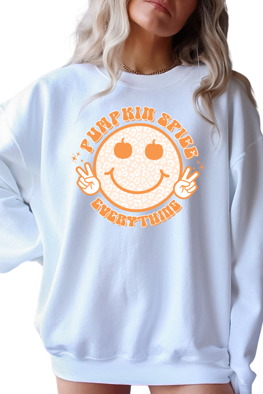 Fall Pumpkin Spice Everything Leopard Smiley Graphic Long Sleeve Crewneck Sweatshirt