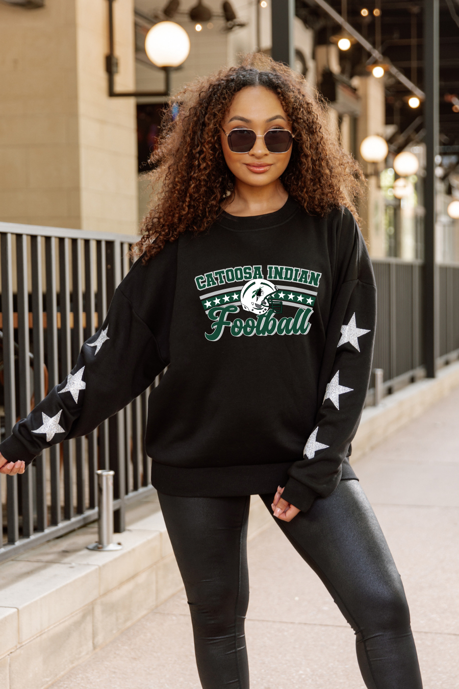 CATOOSA INDIANS FOOTBALL EMBELLISHED STAR SLEEVE CREWNECK SWEATSHIRT
