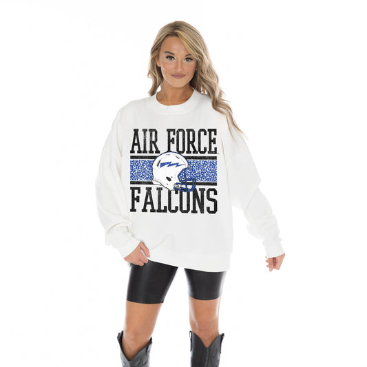 AIR FORCE FALCONS FAIR CATCH LONG SLEEVE UNISEX FIT PREMIUM FLEECE CREWNECK SWEATSHIRT WITH RIBBED KNIT NECKLINE, WRIST, AND WAISTBAND